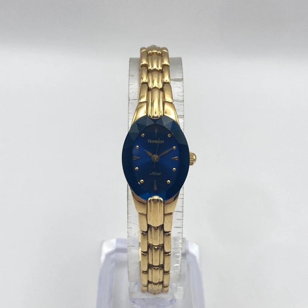 Armitron Now Women's Watch 17mm Gold Tone Blue Dial Faceted New Battery 6.75